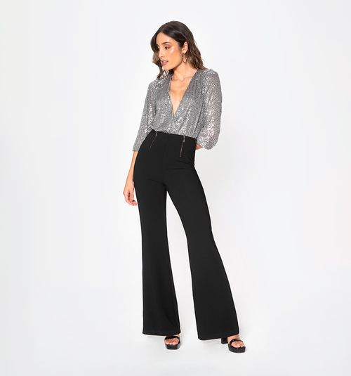 High Rise Long Flare Pants With Two Vertical Zippers