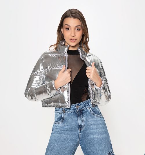 Metallic Cropped Quilted Jacket with Contrast Lining