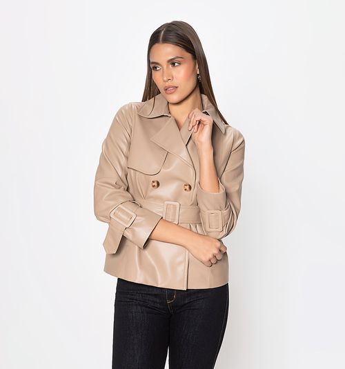 Short Faux Leather Trench Coat With Belt And Notched Lapel