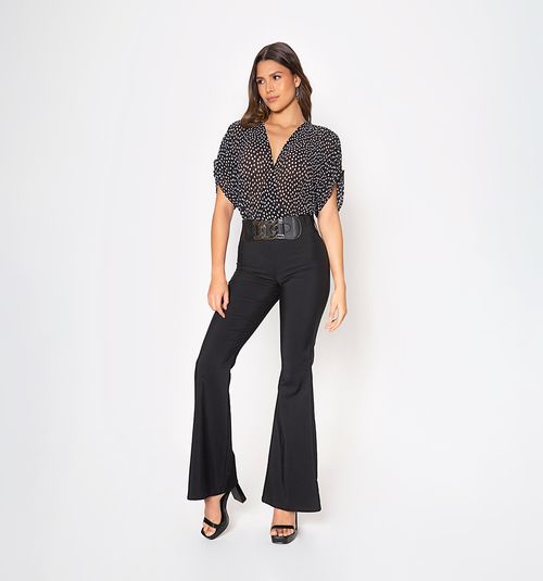 Flared Jumpsuit with Short Bell Sleeves and Fabric Combination