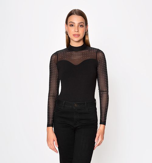 Mesh Bodysuit with Hotfix Crystals on Sleeves and Neck