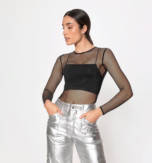 M/L mesh bodysuit with tone-on-tone hot fix