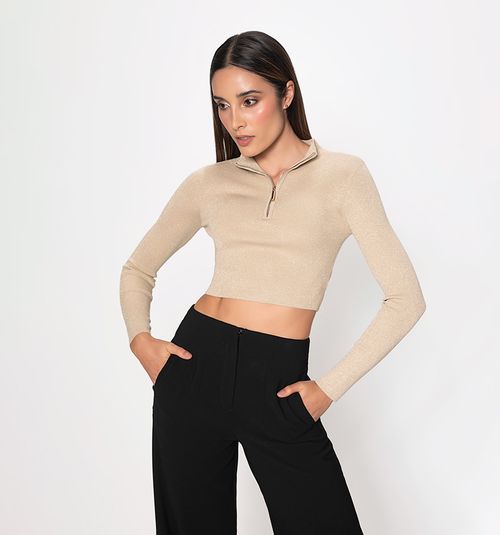 Lurex knit cropped blouse with zipper