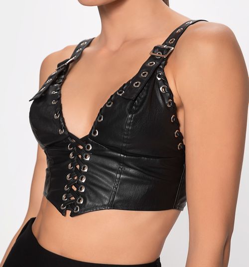 Spaghetti strap top with corset-style buckle