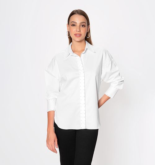 Blouse With Pearls Around The Collar And Long Sleeves
