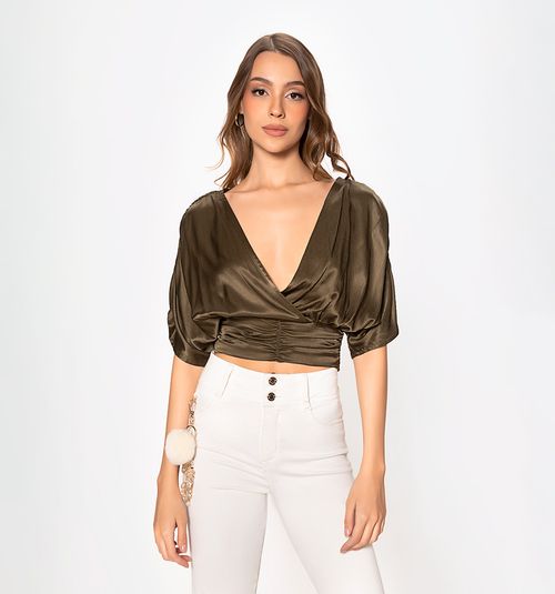 Short Sleeve Blouse with Crossed Front and Strappy Back Detail