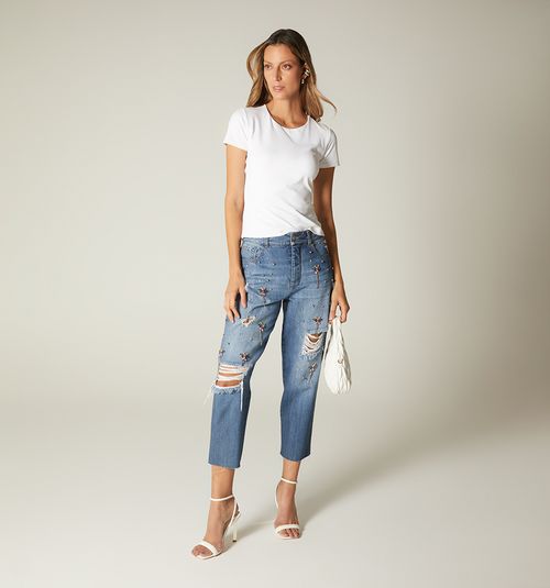 High-Waisted Boyfriend Jeans with Distressed Details