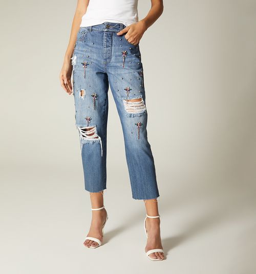 High-Waisted Boyfriend Jeans with Distressed Details