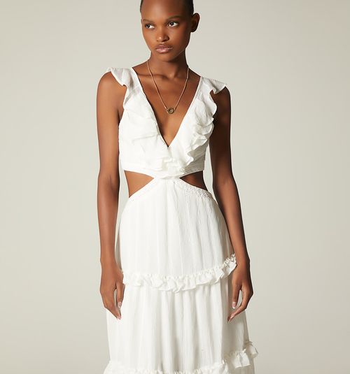 LONG DRESS WITH RUFFLES ON NECKLINE AND SLEEVELESS ARMHOLE