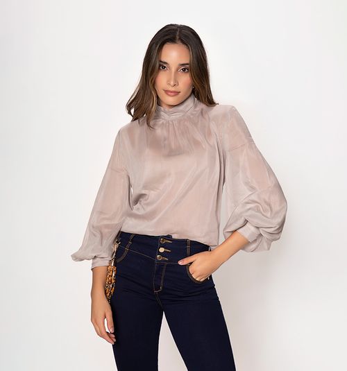 LONG SLEEVE BLOUSE WITH DRAPED COLLAR AND CUFFS