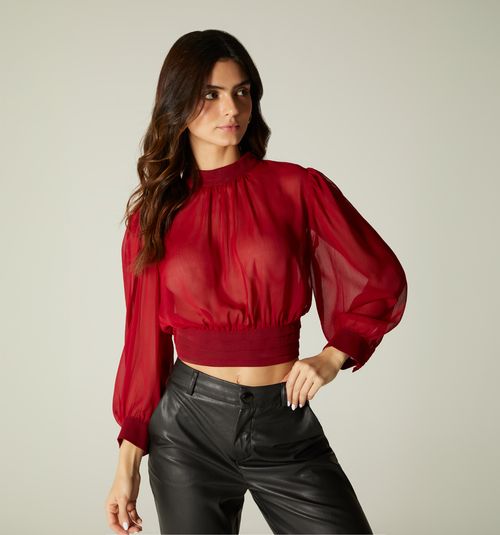 3/4 SLEEVE HIGH NECK BLOUSE WITH WAISTBAND