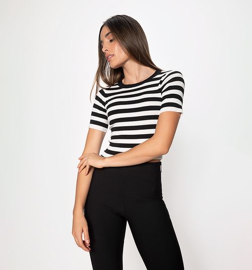 SHORT SLEEVE STRIPED KNIT BLOUSE