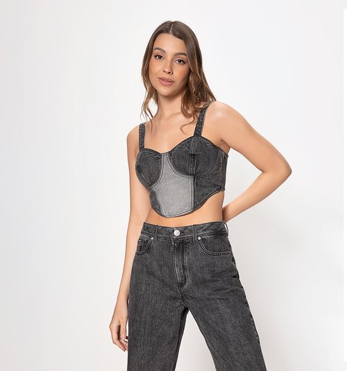 Crop Top Blouse, Straps, Cups, Denim Block