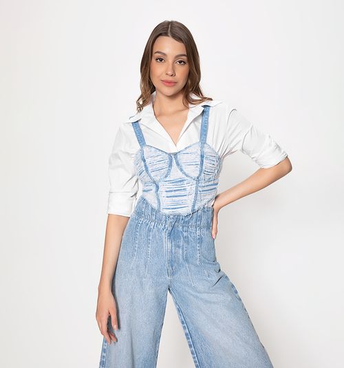 DENIM CROP TOP WITH CUPS AND DESTROYED