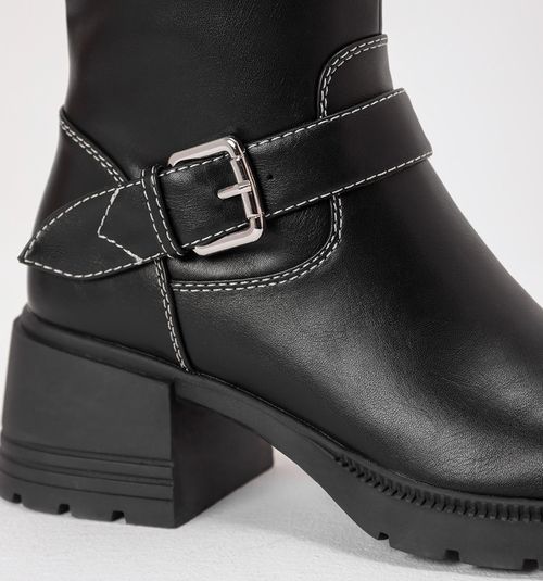 HIGH SHAFT BOOT WITH STITCHING AND DOUBLE BUCKLE