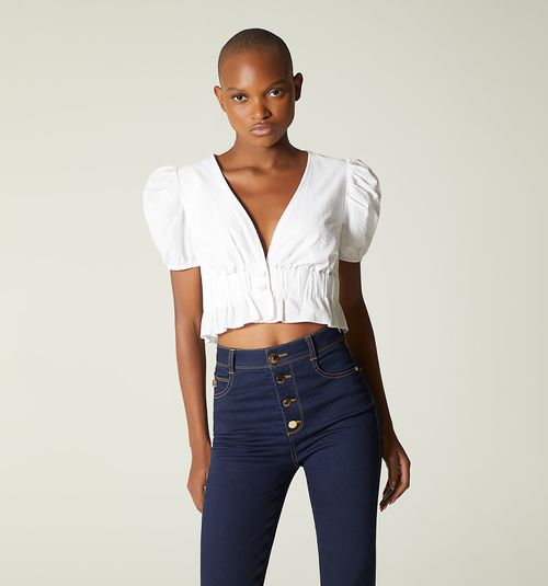 SHORT SLEEVE V-NECK BLOUSE WITH ELASTIC