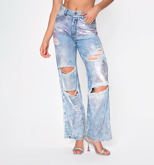 STRAIGHT LEG JEANS, HIGH WAIST, SILVER FOIL