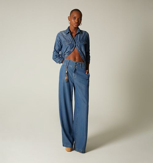 HIGH-WAIST PALAZZO JEANS WITH TASSELED PIPING