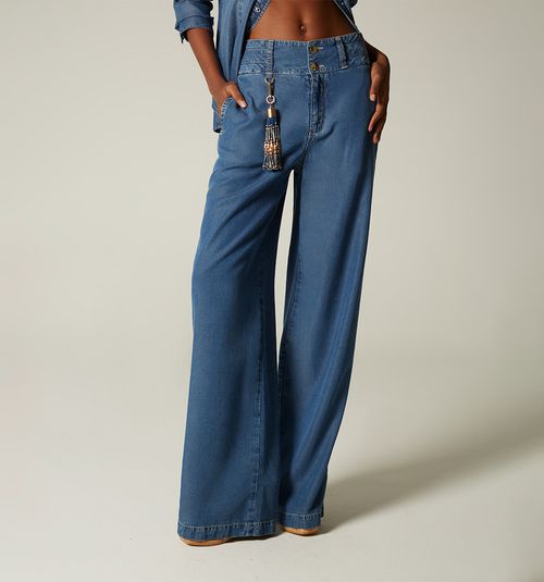 HIGH-WAIST PALAZZO JEANS WITH TASSELED PIPING