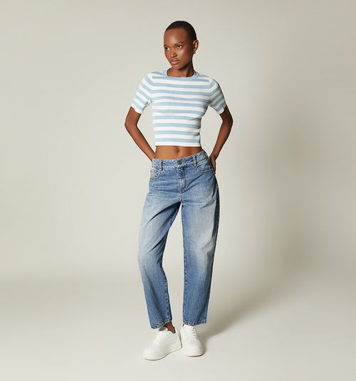SHORT SLEEVE KNITTED STRIPED BLOUSE