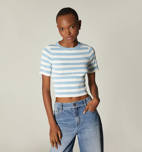 SHORT SLEEVE KNITTED STRIPED BLOUSE