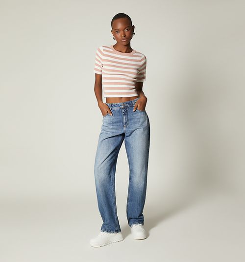 SHORT SLEEVE KNITTED STRIPED BLOUSE