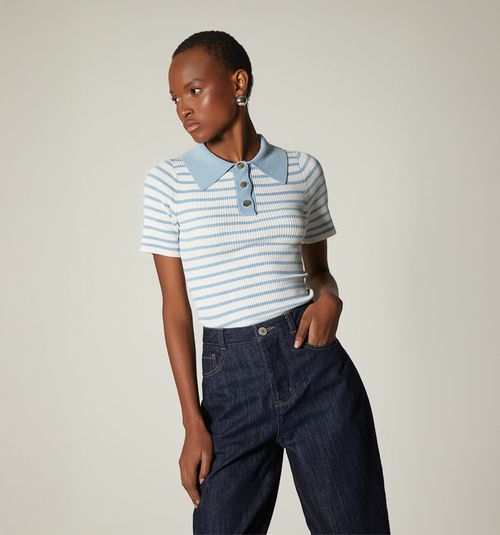 POLO STYLE BLOUSE WITH PIPING ON SLEEVES AND NECK