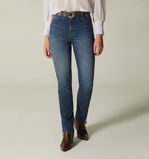 HIGH-WAIST CROPPED JEANS WITH BELT AND OVERLAY