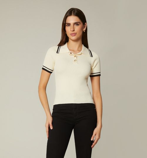 Polo-style blouse with piping on sleeves and neck