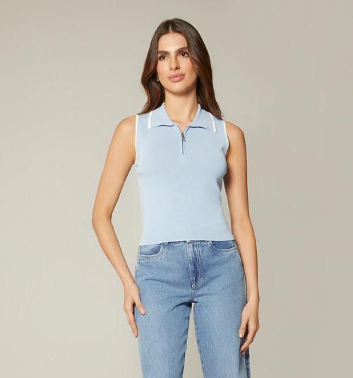 SLEEVELESS KNITTED BLOUSE WITH WHITE PIPING IN C