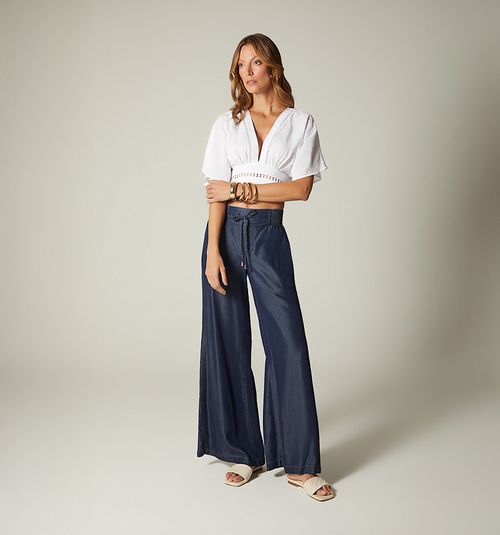 HIGH WAIST PALAZZO JEANS WITH CORD AND TASSELS