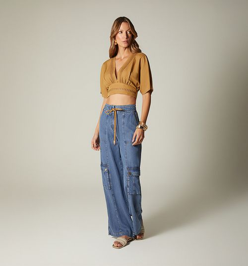 HIGH-WAIST PALAZZO JEANS WITH CARGO POCKET
