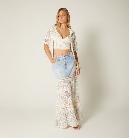 LONG DENIM SKIRT WITH CROCHET COMBINATION