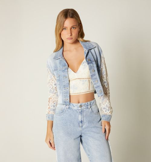 Short denim jacket with crochet